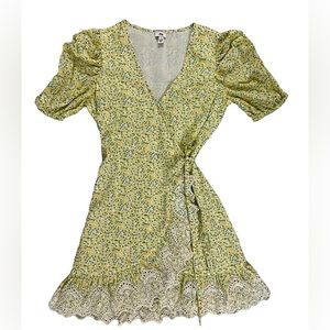 River Island Ditsy Floral Yellow Puff Sleeve Eyelet Mini Wrap Dress Size 6